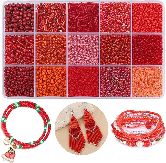 15 Color 4mm Small Assorted Glass Seed Beads,3mm Bugle Beads Friendship Bracelet Kit,2mm Tiny Tube Bead for Jewelry Making(Red)