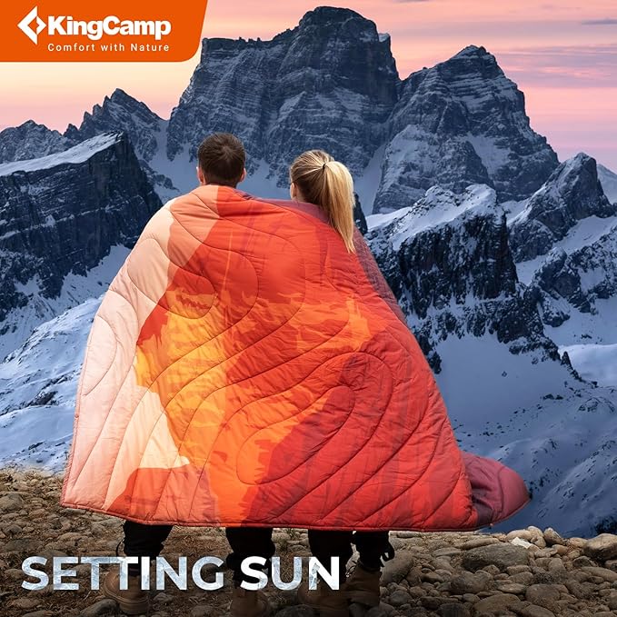 KingCamp Ultralight Camping Blanket, Packable Down Alternative Puffy Printed Wearable Blanket with Snap Buttons & Corner Loops Weatherproof Quilt for Outdoor Travel Stadium (79"L x 57"W, ORANGE)
