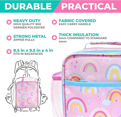 Bento Lunch Box with Insulated Bag, Water Bottle & Ice Pack Set for Kids Toddlers, 4 Portion Sections, Removable Tray, Pre-School Girl Kid Toddler Daycare Lunches, Snack Container, Purple Rainbow