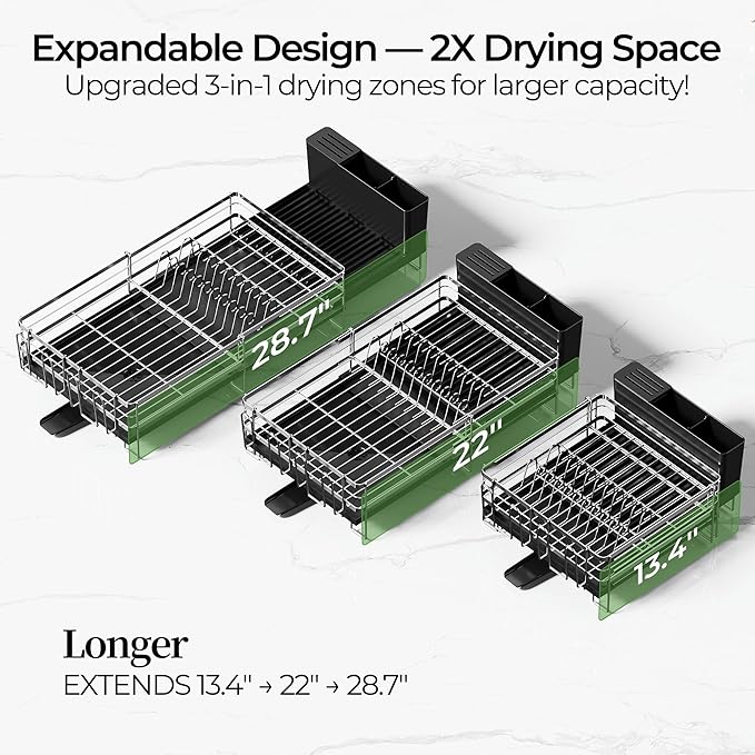 Large Dish Drying Rack, Expandable Dish Rack, Stainless Steel Anti-Rust Dish