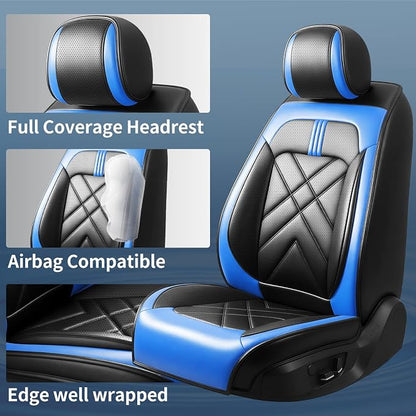 Tahoe Car Seat Covers Fit for Chevrolet/Chevy Tahoe 2011-2026, Full Coverage Leather Waterproof Breathable Seat Covers, Automotive Seat Protectors, Airbag Compatible, (Front Seats, Black-Blue