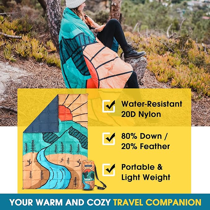 4Monster Down Camping Blanket - Outdoor Travel Quilt Puffy 650 Fill, Packable, Lightweight,Wind & Waterproof | Ideal for Stadium, Backpacking,Picnics, Beach and Hiking