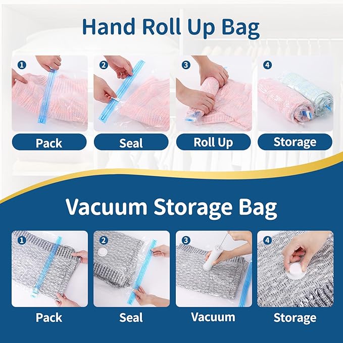 Vacuum Storage Bags for Clothing Travel,7 Pack Vacuum Bags with Pump,Space Saver Bag for Clothes Travel & Home (2 Roll Up Bags,1 Small,1 Medium,1 Large,1 Jumbo,1 Super Jumbo)