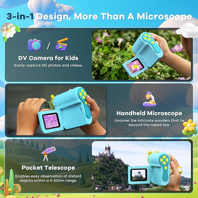 HP60 IPS Microscope for Kids: [Auto On & Off] [3-in-1] 2" Portable Handheld Microscope Miniscope, Pocket Mini Scope Educational Science Kit, Christmas Birthday Gifts for Kids, PC View, Blue