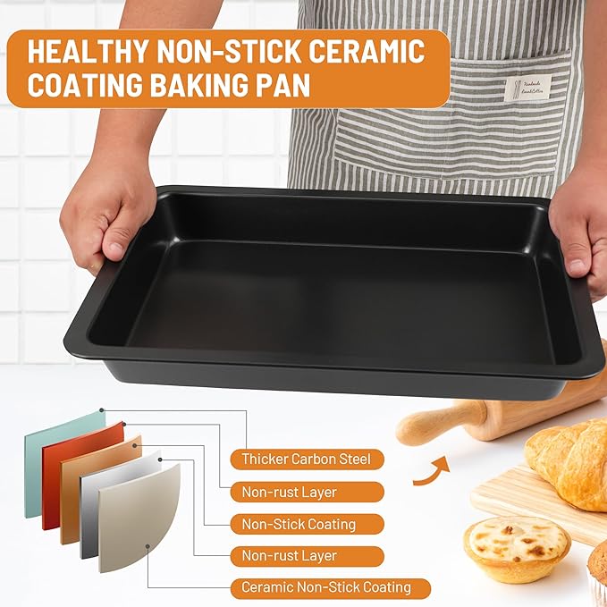 Sheet Cake Pan with Lid, Non-Stick Ceramic Coating Baking Pan, Oven Safe 450°F