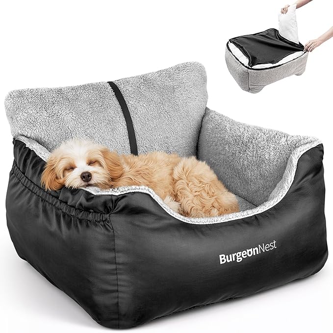 BurgeonNest Dog Car Seat for Small Dogs, Soft Pet Car Travel Home Bed Under 25 lbs, Fully Detachable and Washable Cat Booster Carseats with Storage Pockets and Clip-On Leash Portable Carrier,Black