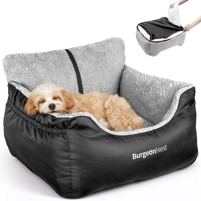 BurgeonNest Dog Car Seat for Small Dogs, Soft Pet Car Travel Home Bed Under 25 lbs, Fully Detachable and Washable Cat Booster Carseats with Storage Pockets and Clip-On Leash Portable Carrier,Black