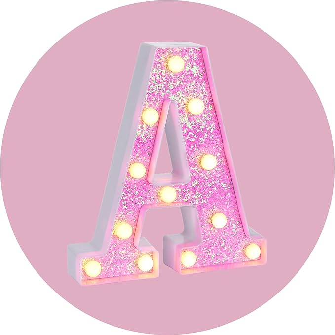 Foaky Pink Light up Letters，Pink Party Decorations,Girls Room Decor,Glitter Light Up Letters,Alphabet Letter Sign for Night Light Birthday Party Girls Gifts, Home Bar Decoration（A）