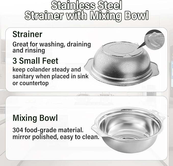 Stainless Steel Colander for Kitchen, 2.5QT Rice Washer Strainer