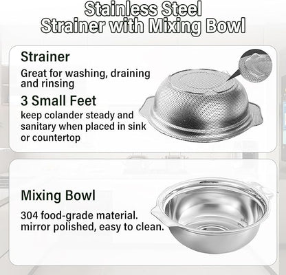 Stainless Steel Colander for Kitchen, 2.5QT Rice Washer Strainer