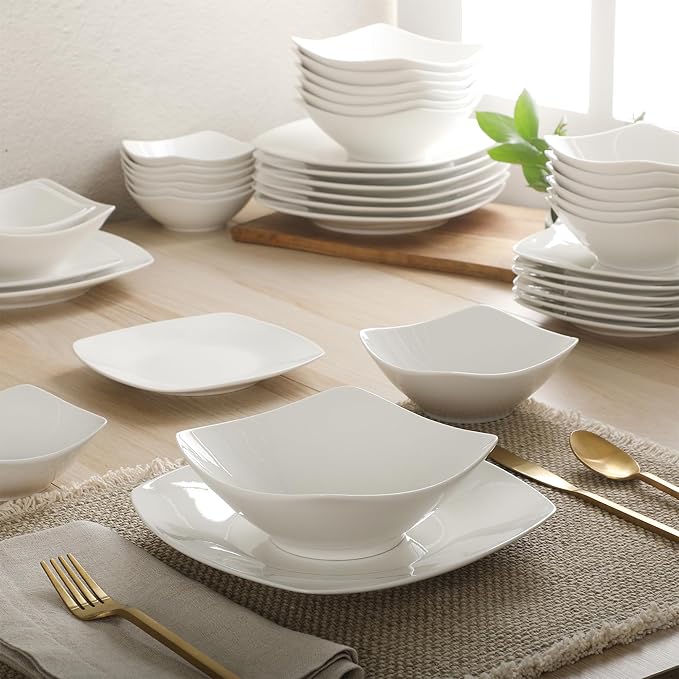 Gibson Home Brentwood 40-Piece Dinnerware Set – Square White Porcelain Plates and Bowls, Service for 8, Dishwasher & Microwave Safe, Modern Everyday Dinner Set with Cereal, Dessert, and Entrée Bowls