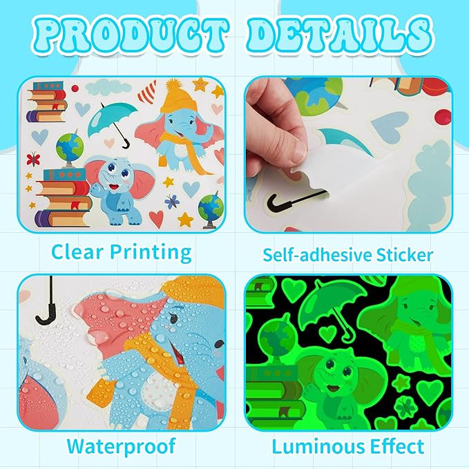 Glow in The Dark Cute Elephants Wall Decals, Animal Star Stickers for Baby Girls Boys Room, Luminous Ceiling Decor for Bedroom Playroom Nursery