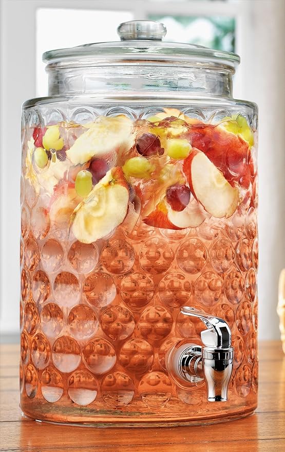 2 Gallon Beverage Serveware with Glass Lid - Elegant Bubble Pattern Design 100% Leakproof Glass Drink Dispenser for Parties with Spout,Beverage Dispenser for Water Juice Laundry