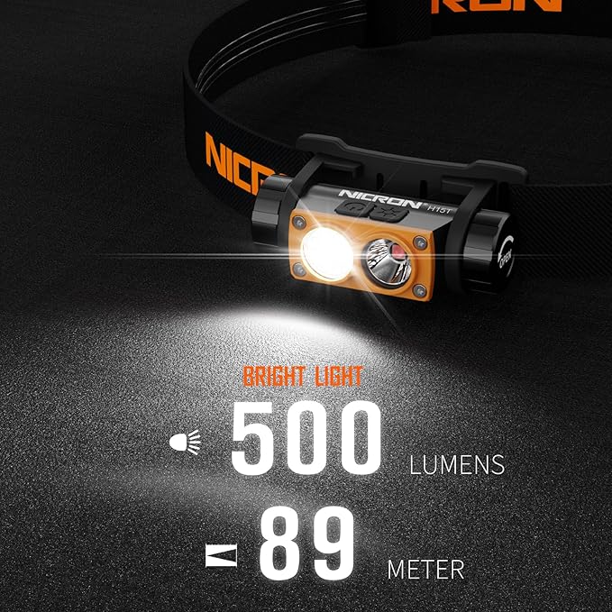 NICRON H15T Headlamp Rechargeable, 500 Lumens LED Headlamp with Red Light, IP67 Waterproof 8 Modes Head Leamps for Camping Running Fishing Adults