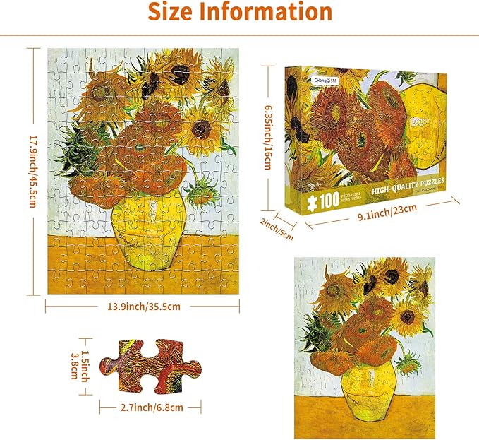100 Piece Puzzles for Kids Sunflowers by Vincent Van Gogh Puzzle Famous Oil Painting 100 Pieces Puzzles for Adults Seniors Elderly Classic Art Puzzles 100 Piece for Kids Ages 6-10