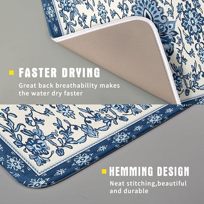 Blue Floral Dish Drying Mat for Kitchen Counter 16x18 Chinoiserie Flower Print
