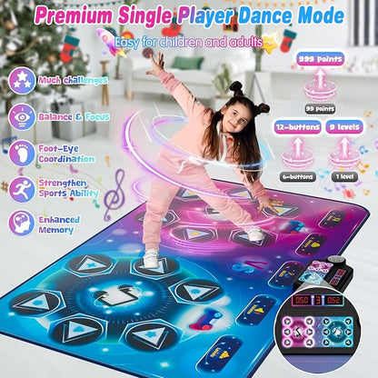Dance Mat Toy Gift for Kids ages 3-12, Dancing Music Playmat with 12 Key, Large Size (59*38 in), Double User Challenge Game Christmas Birthday Gift for Girls Boys 5 6 7 8 9 10 11 12 Year Old