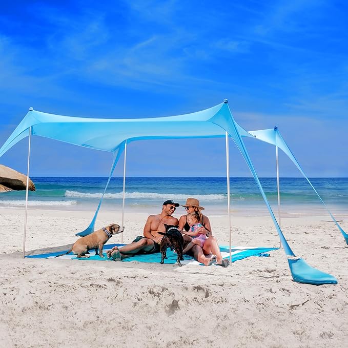 SUN NINJA Beach Tent Sun Shelter UPF50+ - Easy Pop Up Beach Canopy - Outdoor Shade for Camping Trips, Fishing, Backyard Fun Picnics - Sand Shovel, Ground Pegs & Stability Poles