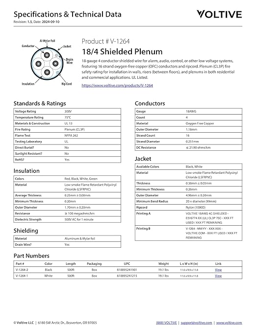 Voltive 18/4 Shielded Low Voltage Wire, Plenum CL3P, 500ft