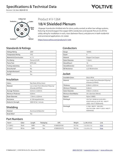 Voltive 18/4 Shielded Low Voltage Wire, Plenum CL3P, 500ft