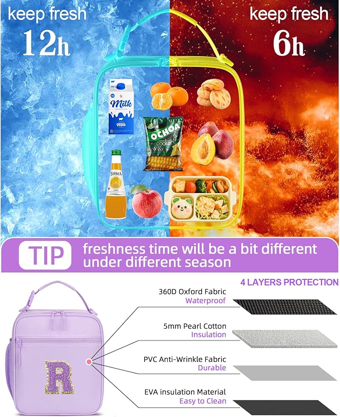 Initial Insulated Lunch Bag for Girls Kids, Back to School Gift, Reusable Leak-proof Lunch Box with Adjustable Strap for School Daycare Travel Picnic (Purple,R)