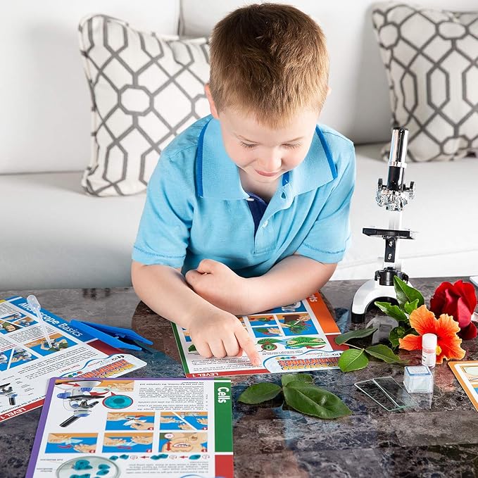 AMSCOPE-Kids 120X-1200X White Metal Arm Starter Kids Student Microscope Kit with Water Purification Activity Kit and Experiment Cards - M30-ABS-KT2-W-KVB1