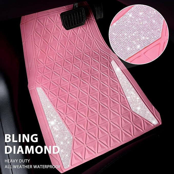 CAR PASS Bling Diamond Car Mats Rubber Floor Mats Full Set Anti-Slip 3D Rhombus Waterproof Trim to Fit Liner Universal Glitter Crystal Sparkly Shining Rhinestone Girl Women SUV Sedan Van, Pink Rubber
