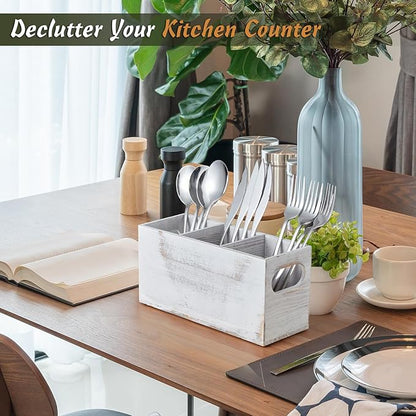 DRASTAR Wooden Silverware Caddy, Flatware Cutlery Holder, Kitchen Utensil Holder