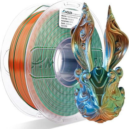 AMOLEN Silk PLA 3D Printer Filament, Tri Color Blue Green Orange PLA 1.75mm, Shiny Multi Color Change Filament 3D Printing PLA Filament for Most FDM 3D Printer, 1kg Spool(2.2lbs)