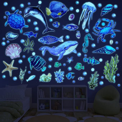 52 Pcs Ocean Fish Wall Decals Glow in The Dark Under The Sea Wall Decals Sea Animals Stickers Removable Waterproof Peel and Stick for Kids Bathroom Watercolor Ocean Decor(Cute Style)