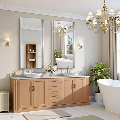 CIRCUMI Silver Bathroom Mirror, Brushed Finish, Tempered Glass, Large Mirror