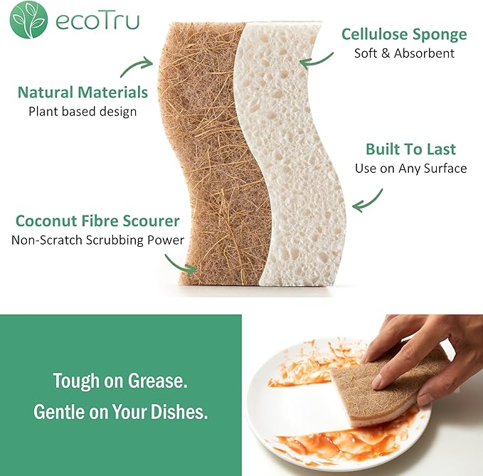 6 Pack Natural Kitchen Sponges, Compostable White Cellulose & Organic Coconut