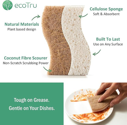 6 Pack Natural Kitchen Sponges, Compostable White Cellulose & Organic Coconut