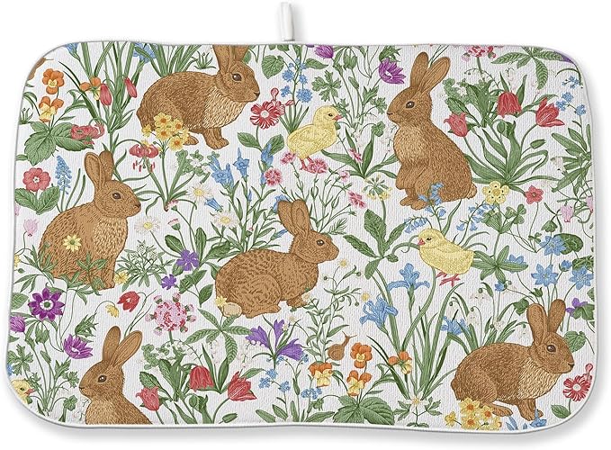 Spring Dish Drying Mat 18x24 Inch Easter Rabbit Bunny Floral Drying Mat Sage