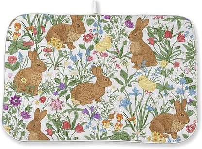 Spring Dish Drying Mat 18x24 Inch Easter Rabbit Bunny Floral Drying Mat Sage