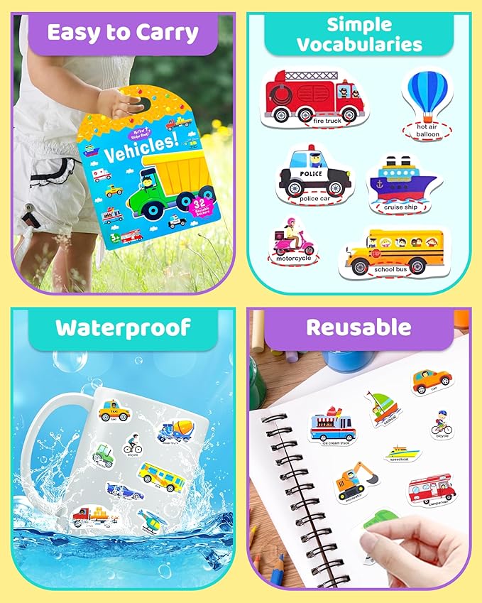 Benresive Reusable Sticker Book for Toddlers 2-4 Years, Fun Travel Stickers for Kids, Waterproof Sticker Books for Toddlers 1-3, Crafts Activities for Todddlers 1-3 2-4 3-5 - Transport