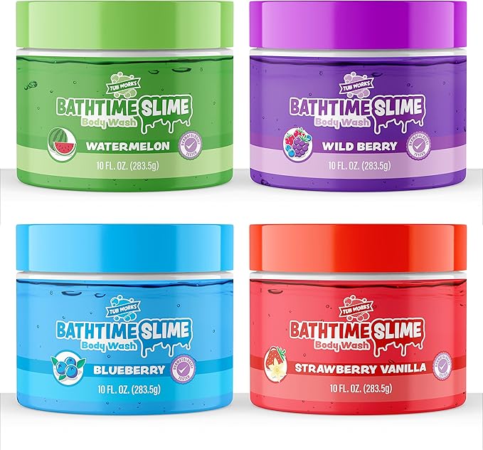 Tub Works® Bath Slime Kids Body Wash, Variety 4 Pack | Gooey, Playful Texture with Fresh, Fruity Scents | Dermatologist Tested | Sensory Fun Bath Toys for Toddlers & Kids | Colorful Slime Kids Soap