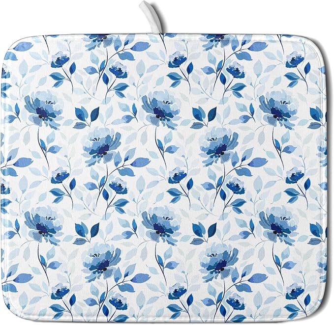 Blue Floral Dish Drying Mat 16x18 inch Flower Leaves Dish Rack Pad Microfiber