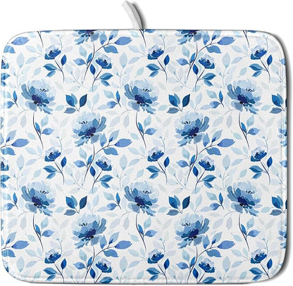 Blue Floral Dish Drying Mat 16x18 inch Flower Leaves Dish Rack Pad Microfiber