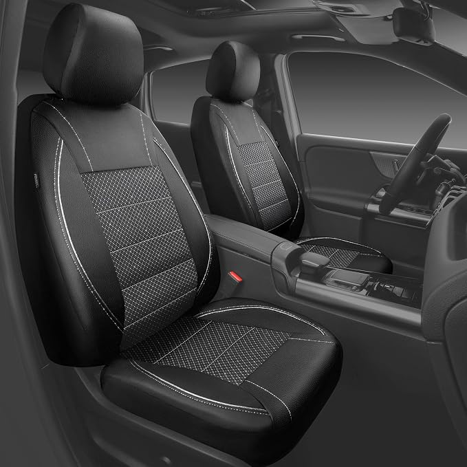 CAR PASS Piping PU Leather Car Seat Cover Full Set, Inside Zipper Design and Reserved Opening Holes, Airbag Compatible,Universal FIT for Car, SUVs,Van,Trucks（Full Set, Black & Silver