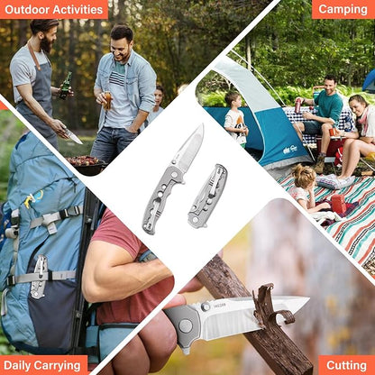 Men's Folding Pocket Knife – 3.4" Sandvik 14C28N Blade CNC Titanium Handle Ceramic Bearings, Liner Lock Deep Pocket Clip – EDC Knife for Outdoor Hiking, Survival Use