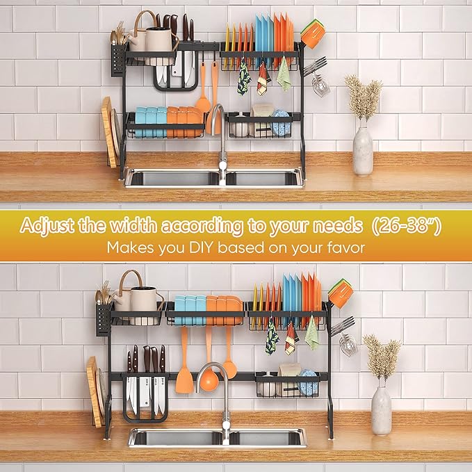 PUSDON Over the Sink Dish Drying Rack, 2 Tier Adjustable Large Capacity
