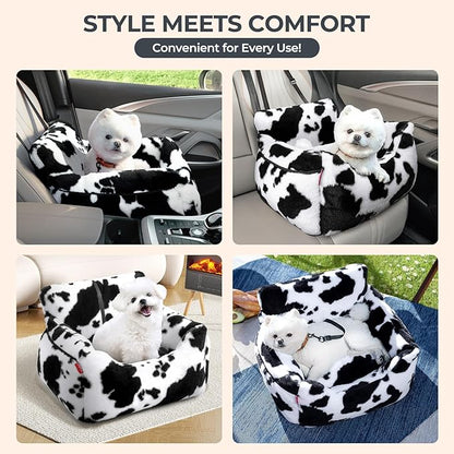 BurgeonNest Dog Car Seat for Small Dogs, Detachable and Washable Cat Carseats Under 25 lbs, Soft Pet Booster Seats with Storage Pockets and Clip-On Leash Portable Car Travel Carrier Bed, Milk Cow