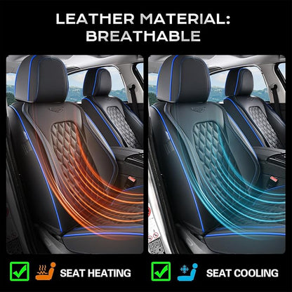 Coverado Front Car Seat Covers, Non-Slip Dust-Proof Nappa Leather, Universal Fit for Cars & Pickup Trucks, Waterproof Car Seat Protectors, Black & Blue Design for Sedans & SUVs