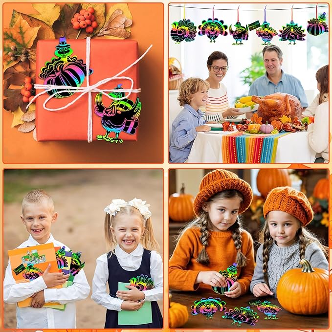 JULMELON 36Pcs Thanksgiving Fall Arts and Crafts, Rainbow Scratch Paper Art Cute Turkey Crafts for School Classroom Activity Autumn Harvest Thanksgiving Party Favors Gifts