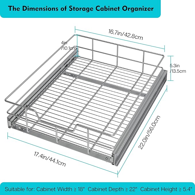 Pull Out Cabinet Organizer 17" W X 22" D, Slide Out Drawers For Kitchen Organizers and Storage, Pull Out Drawers For Cabinets Capacity Heavy Duty Caddy, Cabinet Shelves Chrome-Plated, Bathroom Pantry
