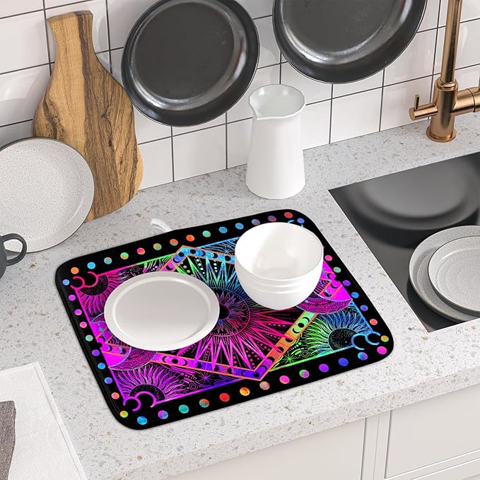 Purple Absorbent Dish Drying Mat Sun and Moon Microfiber Drying Pad