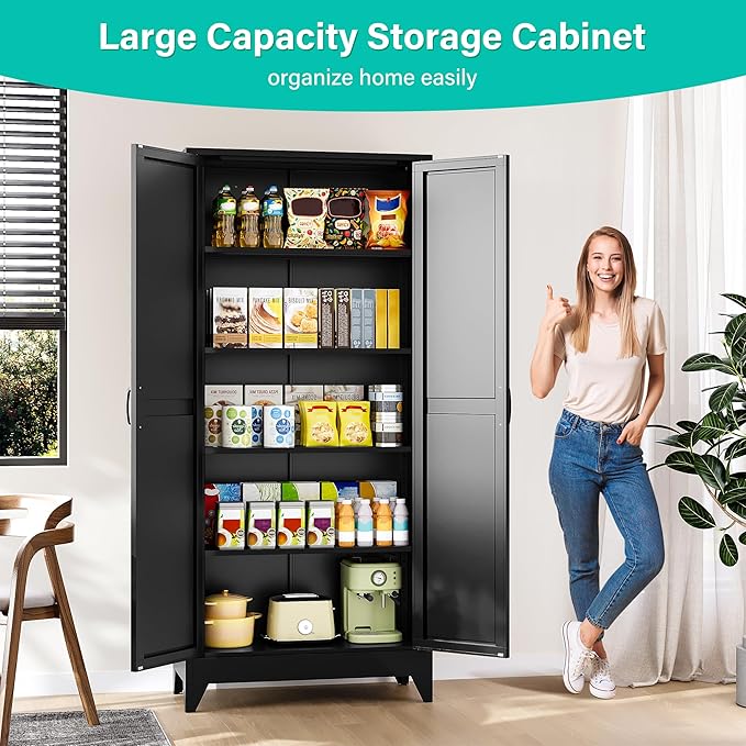 75" Tall Pantry Cabinet,Farmhouse Kitchen Pantry Storage Cabinets with 2 Doors and 4 Shelves,Black Metal Storage Cabinet,Large Cupboard for Home,Kitchen,Dining/Living Room