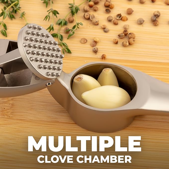 Zulay Kitchen Large Premium Garlic Press Set – Rust Proof & Dishwasher Safe, Bigger Bowl Garlic Mincer Tool with Silicone Garlic Peeler & Brush, Easy Squeeze & Clean, Ergonomic Handle - Silver