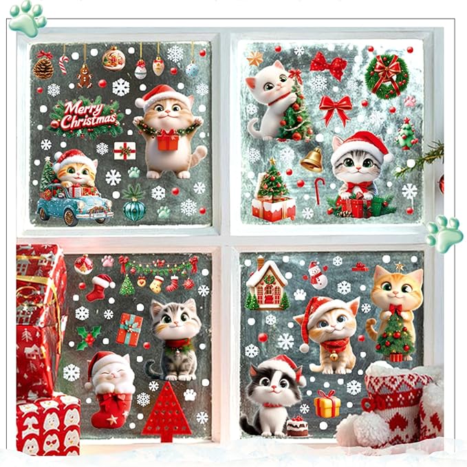 9 Sheets Christmas Cats Window Clings Reusable Kitty Animal Xmas Tree Window Decals Double Side Printed Window Stickers Glass Door Home Party Supplies Showcase Decoration